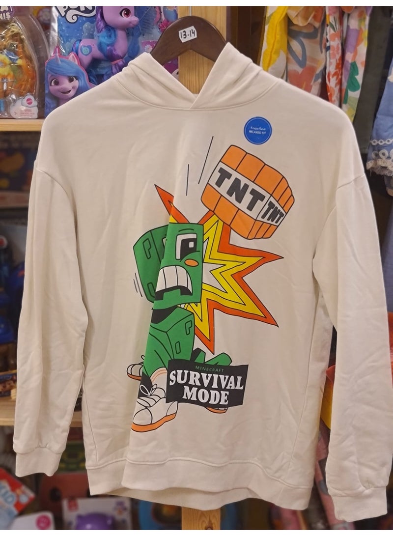 Minecraft Survival Mode Hoodie, White, Creeper TNT Graphic, Long Sleeve, Youth Size 13-14