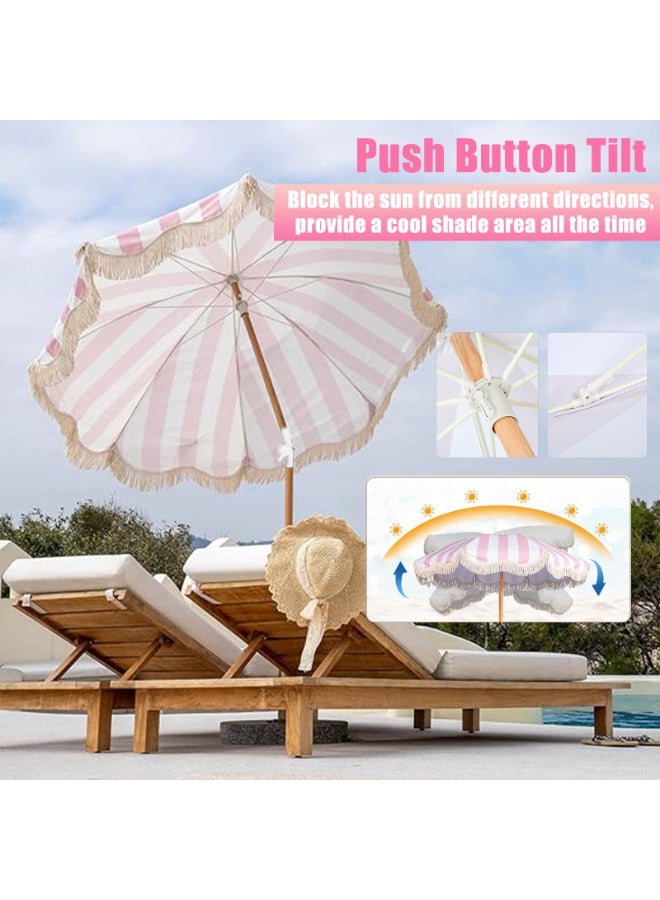 YSOAE Boho Patio Umbrella with Fringe, 6.5FT Beach Umbrella, Tilt Portable Patio Outdoor Umbrella With Carry Bag, Premium Foldable Patio Umbrella for Garden Lawn Pool Yard, Pink - Image 5
