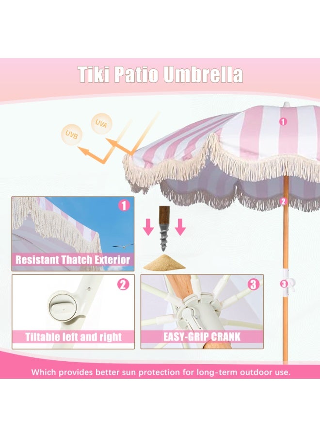 YSOAE Boho Patio Umbrella with Fringe, 6.5FT Beach Umbrella, Tilt Portable Patio Outdoor Umbrella With Carry Bag, Premium Foldable Patio Umbrella for Garden Lawn Pool Yard, Pink - Image 2
