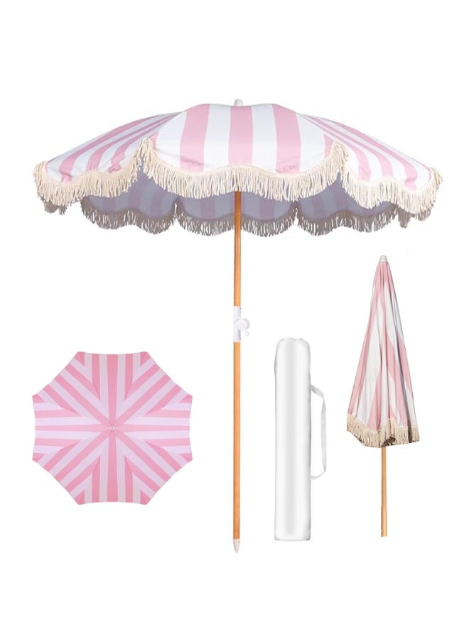 YSOAE Boho Patio Umbrella with Fringe, 6.5FT Beach Umbrella, Tilt Portable Patio Outdoor Umbrella With Carry Bag, Premium Foldable Patio Umbrella for Garden Lawn Pool Yard, Pink - Image 1