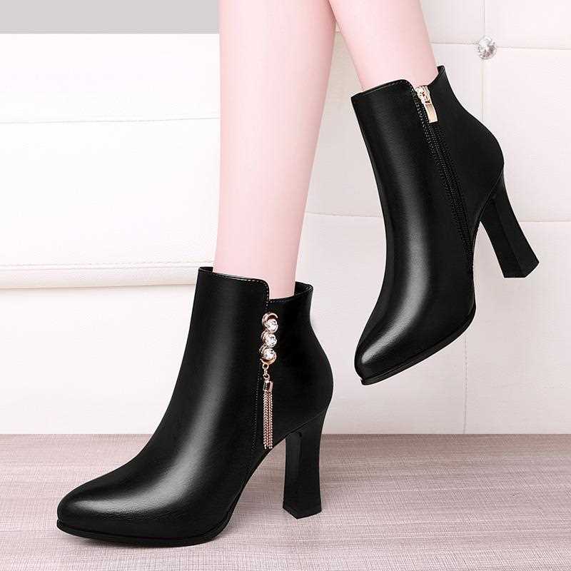 Single-Layer Shoes Small Size Leather Shoes Pointed Mid-High Heel Shoes Soft Leather Winter Single-Layer Boots Stiletto Heel Ankle Boots Fleece-Lined Short Boots - Image 3
