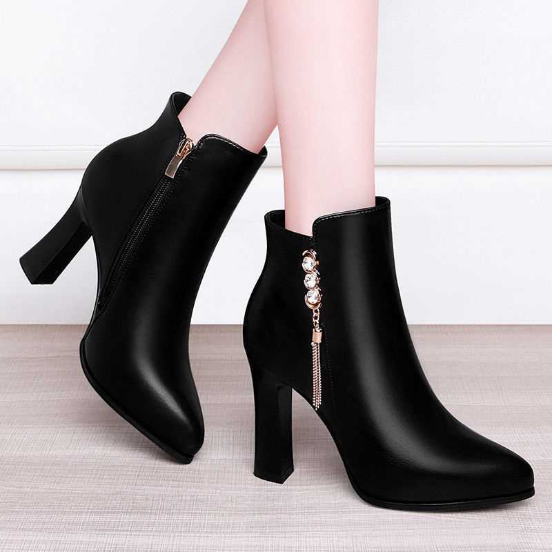 Single-Layer Shoes Small Size Leather Shoes Pointed Mid-High Heel Shoes Soft Leather Winter Single-Layer Boots Stiletto Heel Ankle Boots Fleece-Lined Short Boots - Image 2