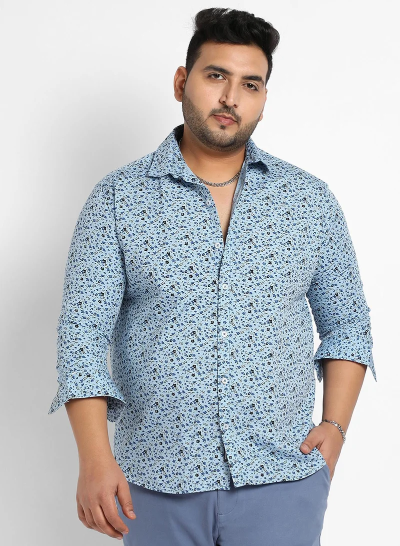 انستافاب بلس قميص رجالي أزرق مطبوع بنقوش دقيقة من رايون ثقيل بياقة ممتدة وأكمام طويلة وفتحة أزرار للاستخدام اليومي