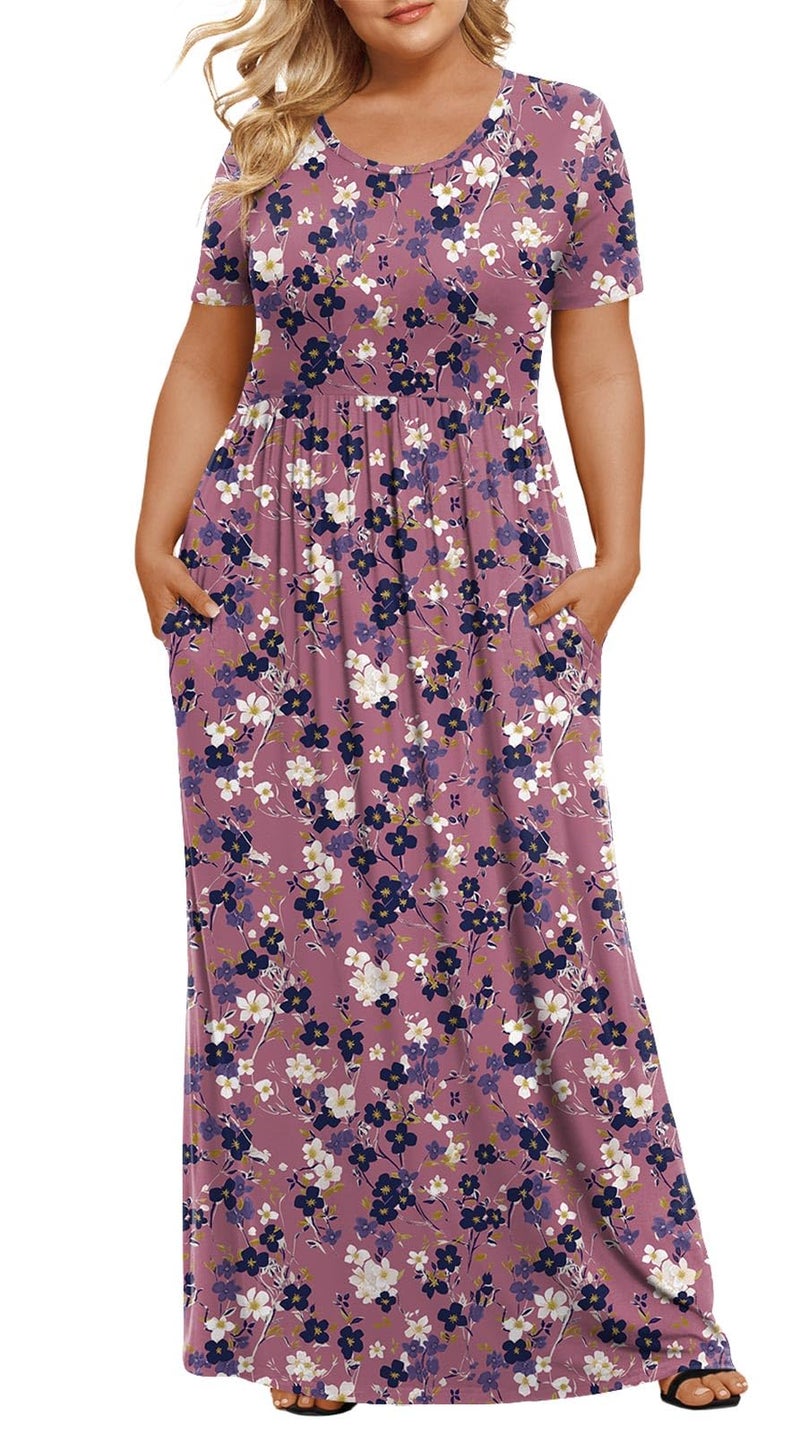 LONGYUAN Women's Plus Size Maxi Dresses for Curvy Women Summer Short Sleeve Casual 2026 Long Dress Red Purple Fl 3XL - Image 1