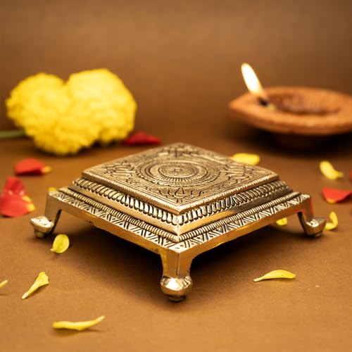 Ekhasa 100% Pure Brass Chowki for God Idols (10.5 cm) | Peetal Stand Peedam for Idols | Small Bajot | Pooja Peeta Chowki | Pooja Stool | Stand for God - Image 1