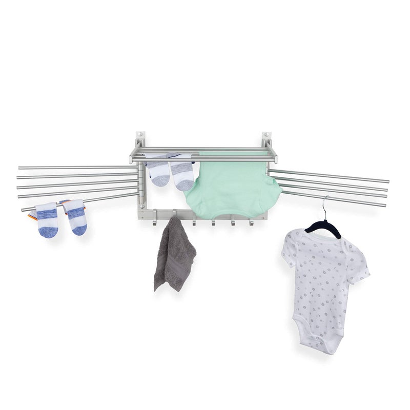 brightmaison BGT Wash Clothes Drying Rack Wall Mount Laundry Room Organizer with Hooks & Swing Arms, 17" Metal Laundry Rack Silver - Image 3