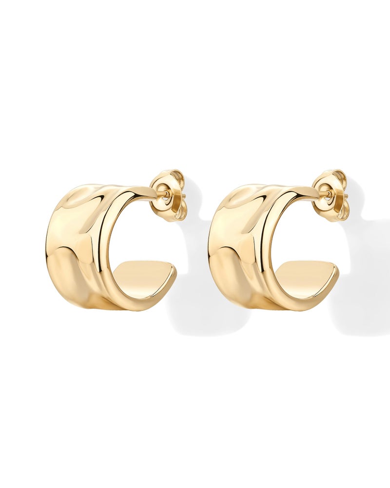 PAVOI Waterproof Chunky Hoop Earrings for Women - 14K Yellow Gold Plated Wide Textured Hoops - Thick Gold Hoop Earrings - Lightweight Stainless Steel Trendy Summer Jewelry - Yellow - Image 3
