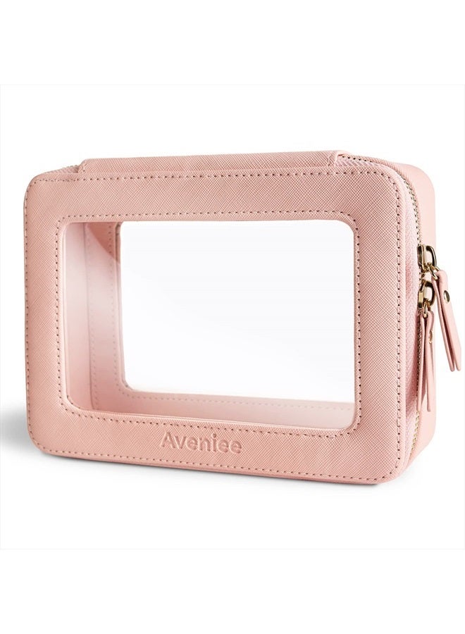 Aveniee Clear Makeup Bag Organizer, Portable Travel Toiletry Cosmetic Bag Case for Women, Heavy Duty Make Up Pouch with Transparent Vinyl Windows & Gold Zippers(Pink) - Image 1
