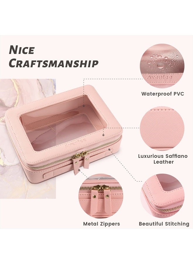 Aveniee Clear Makeup Bag Organizer, Portable Travel Toiletry Cosmetic Bag Case for Women, Heavy Duty Make Up Pouch with Transparent Vinyl Windows & Gold Zippers(Pink) - Image 3