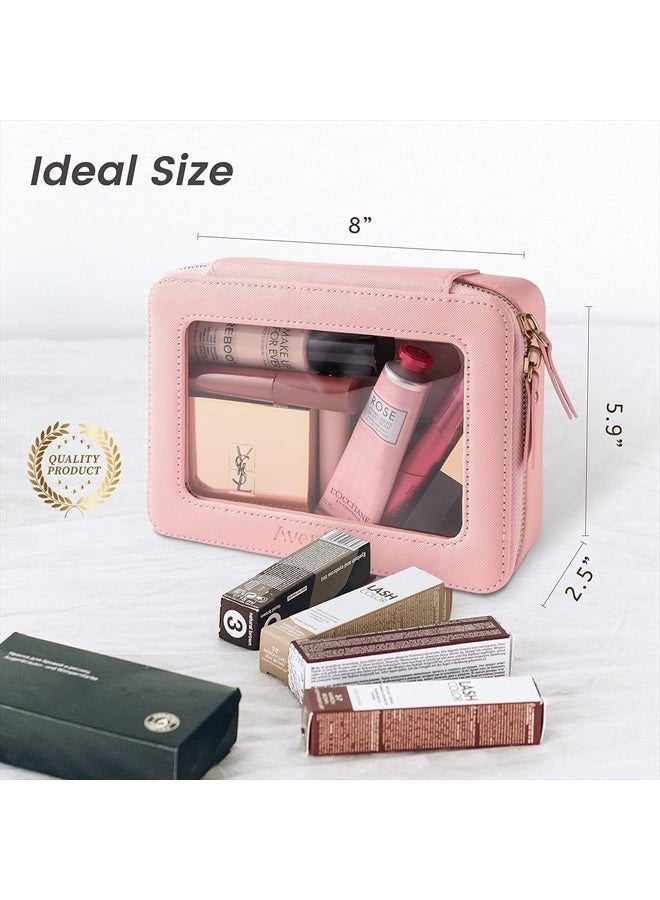 Aveniee Clear Makeup Bag Organizer, Portable Travel Toiletry Cosmetic Bag Case for Women, Heavy Duty Make Up Pouch with Transparent Vinyl Windows & Gold Zippers(Pink) - Image 2