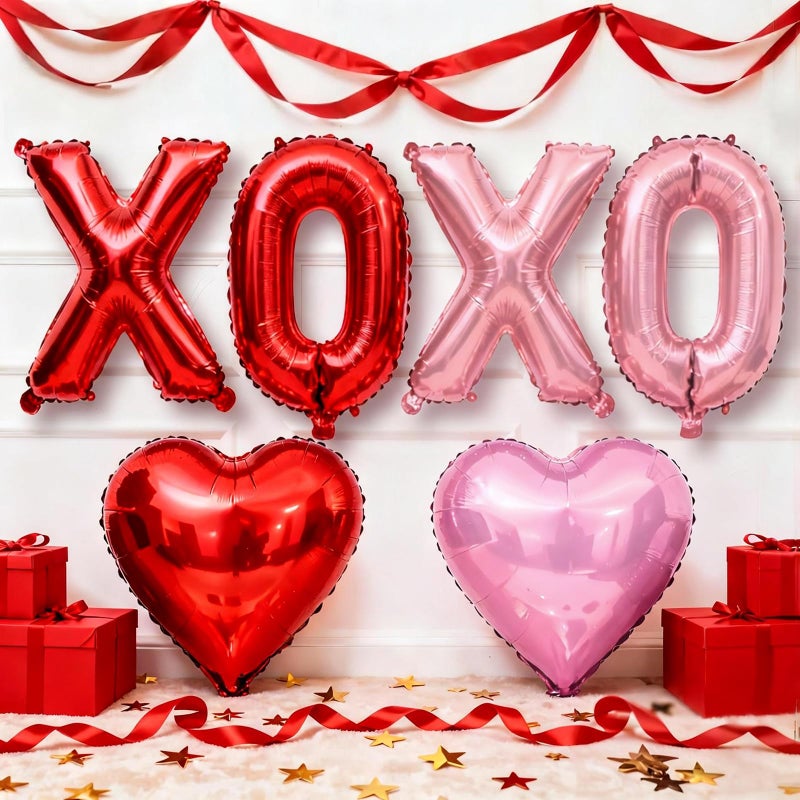 Froova Red XOXO Heart Balloons 6 Pcs Valentines Day Balloons Red Pink Gold Heart Shaped Balloon XOXO Balloon Letters for Girls Women Anniversary Sweet Valentine Day Romantic Decor Special Night Party - Image 1