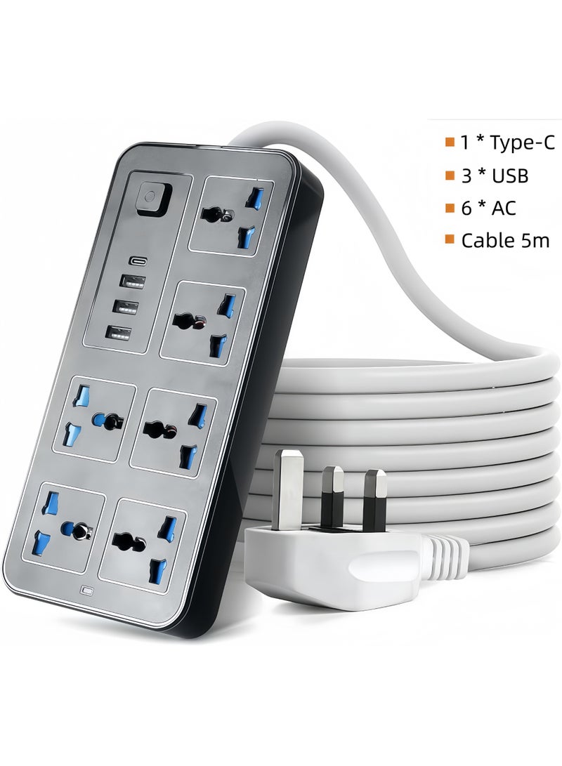 Lesha 5M Universal Extension Lead with Multiple Function, UK 3 Pin Socket Outlet with 6 Gang | 3 USB Ports | 1 Type-C Port), Power Extension Cable, Electric Socket Mains Strip for Home, Kitchen, and Office - Image 1