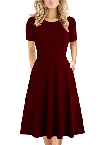 HELYO Women's Elegant Vintage 50s Office Casual Floral Print Work Party A-Line Swing Dress with Pockets 162 (M, Burgundy-162) - Image 1