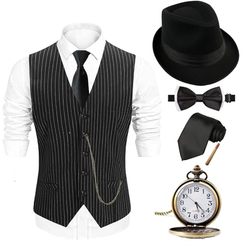 EFORLED Halloween 1920s Mens Costume 2025,Gatsby Gangster Vest,Vintage Pocket Watch,Pre Tied Bow Tie,Tie,CT-XXL - Image 1