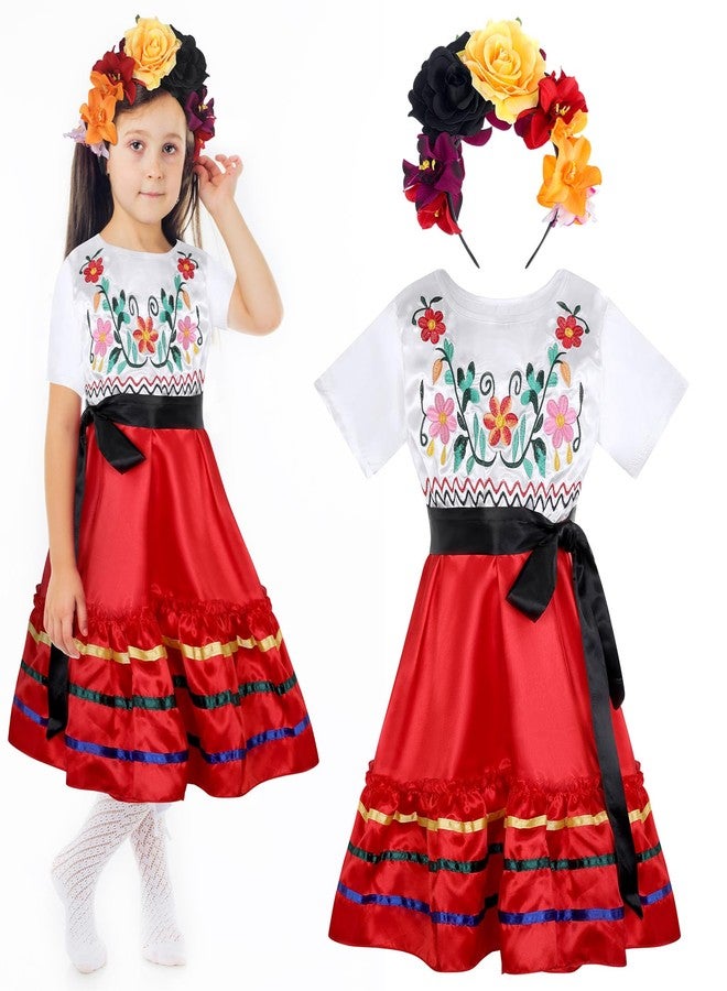 Croknit 4 Pcs Mexican Traditional Costume Set Flamenco Dance Dress Flower Crown Headband Halloween(7-8 Years Old,Lovely Style) - Image 1