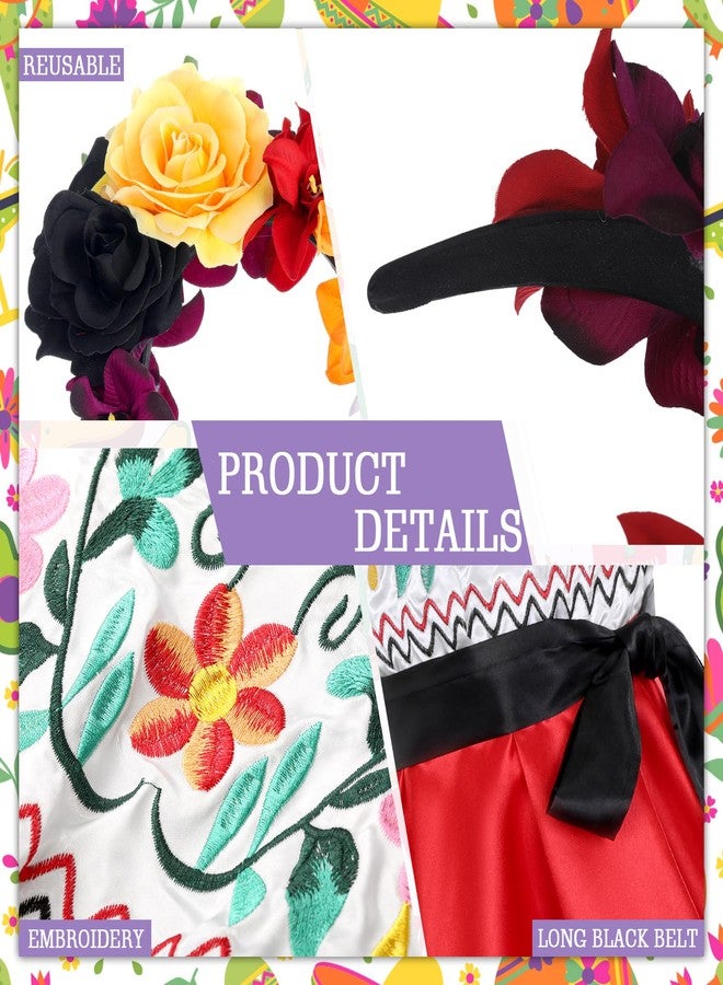Croknit 4 Pcs Mexican Traditional Costume Set Flamenco Dance Dress Flower Crown Headband Halloween(7-8 Years Old,Lovely Style) - Image 2