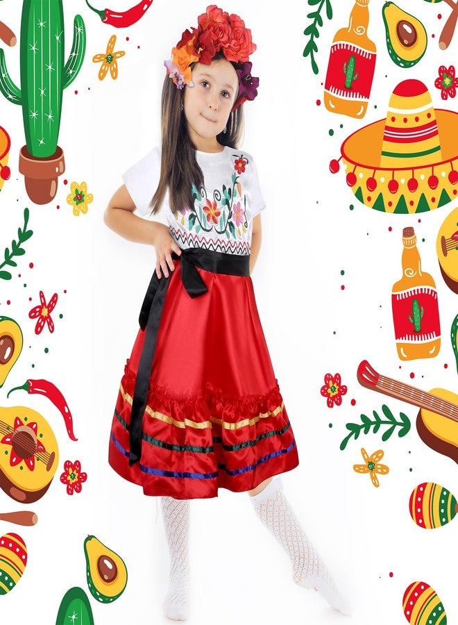 Croknit 4 Pcs Mexican Traditional Costume Set Flamenco Dance Dress Flower Crown Headband Halloween(7-8 Years Old,Lovely Style) - Image 4