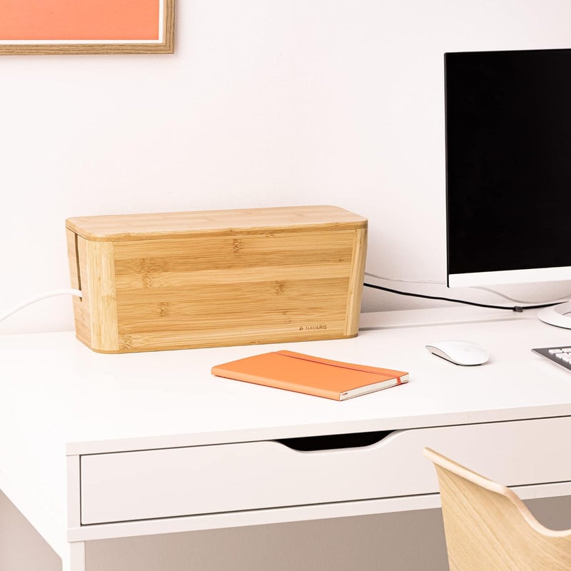 Navaris Cable Tidy Box  Bamboo Cable Storage Box Organizer for Wires Cables Extension Sockets Chargers and Power Plug Cords  155 x 63 x 63