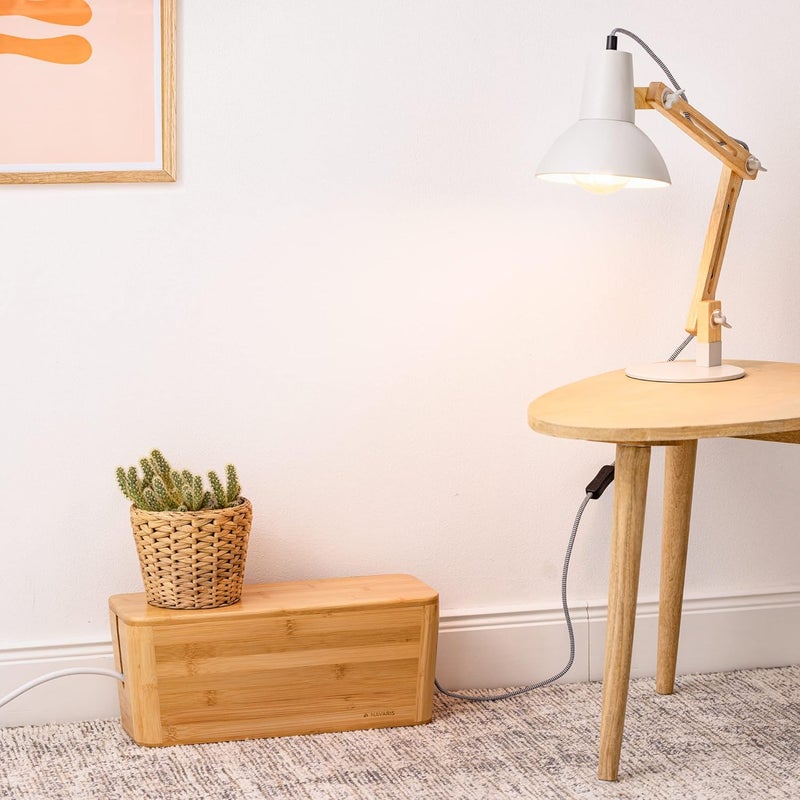 Navaris Cable Tidy Box  Bamboo Cable Storage Box Organizer for Wires Cables Extension Sockets Chargers and Power Plug Cords  155 x 63 x 63