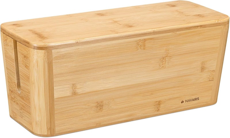 Navaris Cable Tidy Box  Bamboo Cable Storage Box Organizer for Wires Cables Extension Sockets Chargers and Power Plug Cords  155 x 63 x 63