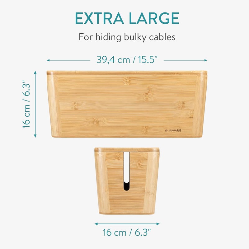Navaris Cable Tidy Box  Bamboo Cable Storage Box Organizer for Wires Cables Extension Sockets Chargers and Power Plug Cords  155 x 63 x 63