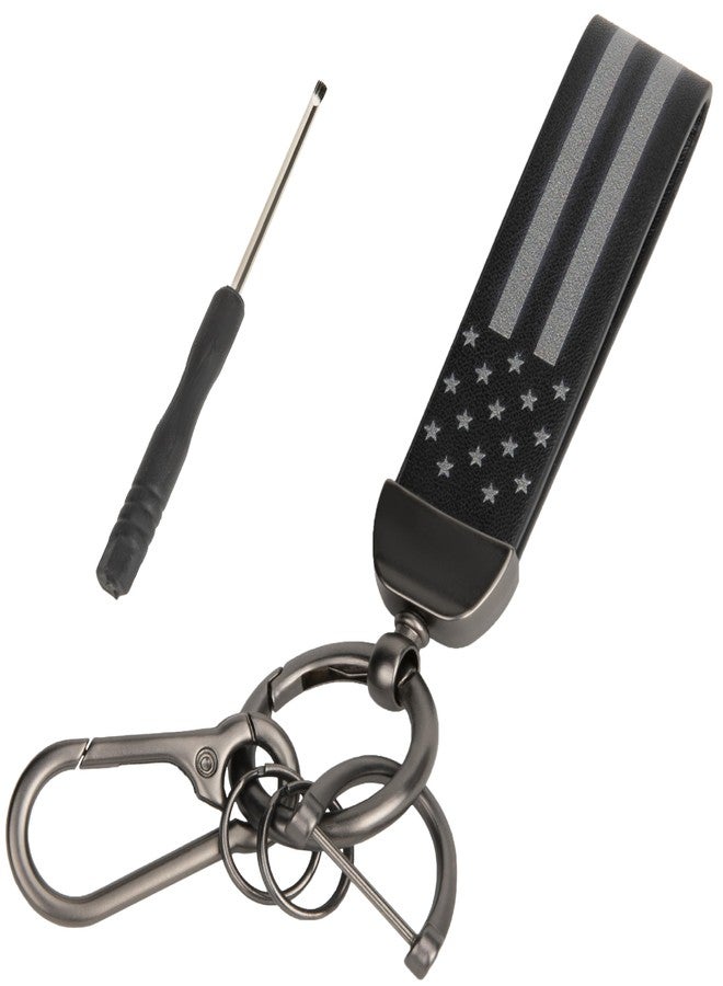 BFXM Car Key Chain, Leather Car Keychain for Men, American Usa Flag Car Key Chains with Anti-Lost D-Ring, Car Accessory Key Ring (Black) - Image 1