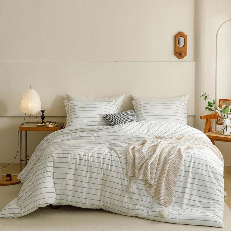 CLOTHKNOW Striped King Size Comforter Set 3Pcs White Black Bedding Comforter Sets Farmhouse Black Stripes Comforter with 2 x Pillow Cases - Image 1
