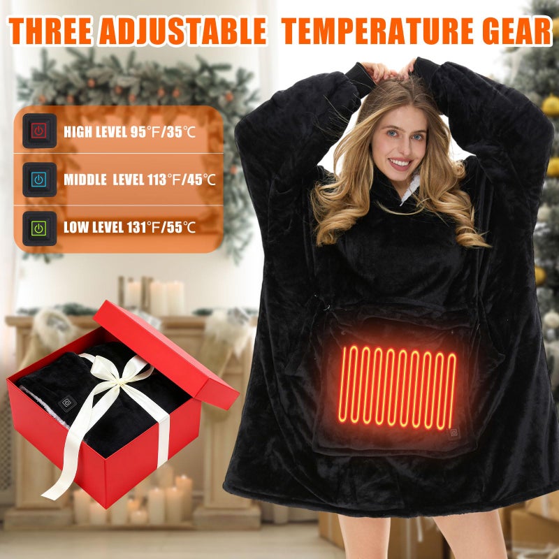 Glooglitter Heated Blanket Wearable Hoodie USB Oversized Heated Sweatshirt for Women with Giant Pocket 3 Heating Levels(Black,No Pattern) - Image 2