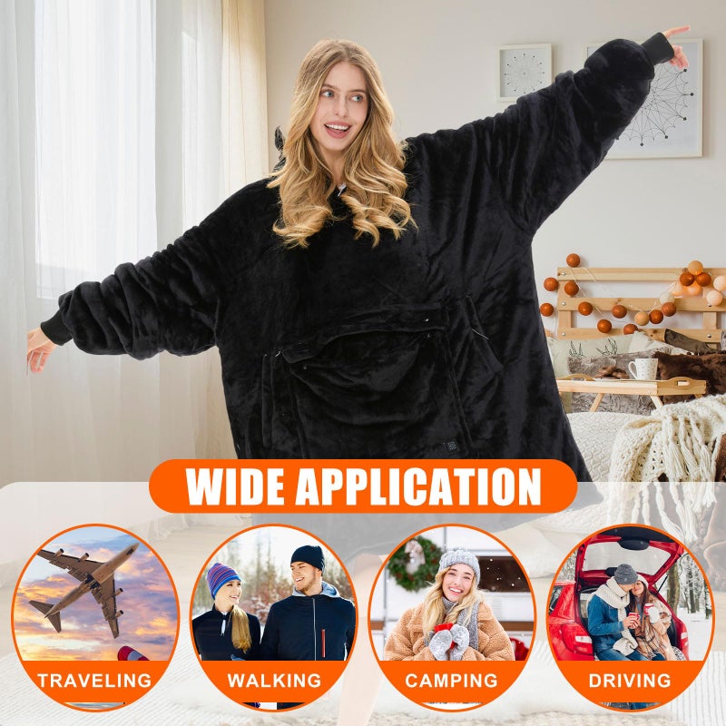 Glooglitter Heated Blanket Wearable Hoodie USB Oversized Heated Sweatshirt for Women with Giant Pocket 3 Heating Levels(Black,No Pattern) - Image 4
