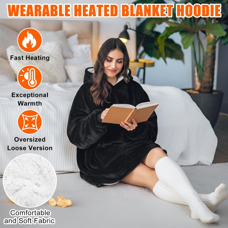 Glooglitter Heated Blanket Wearable Hoodie USB Oversized Heated Sweatshirt for Women with Giant Pocket 3 Heating Levels(Black,No Pattern) - Image 3