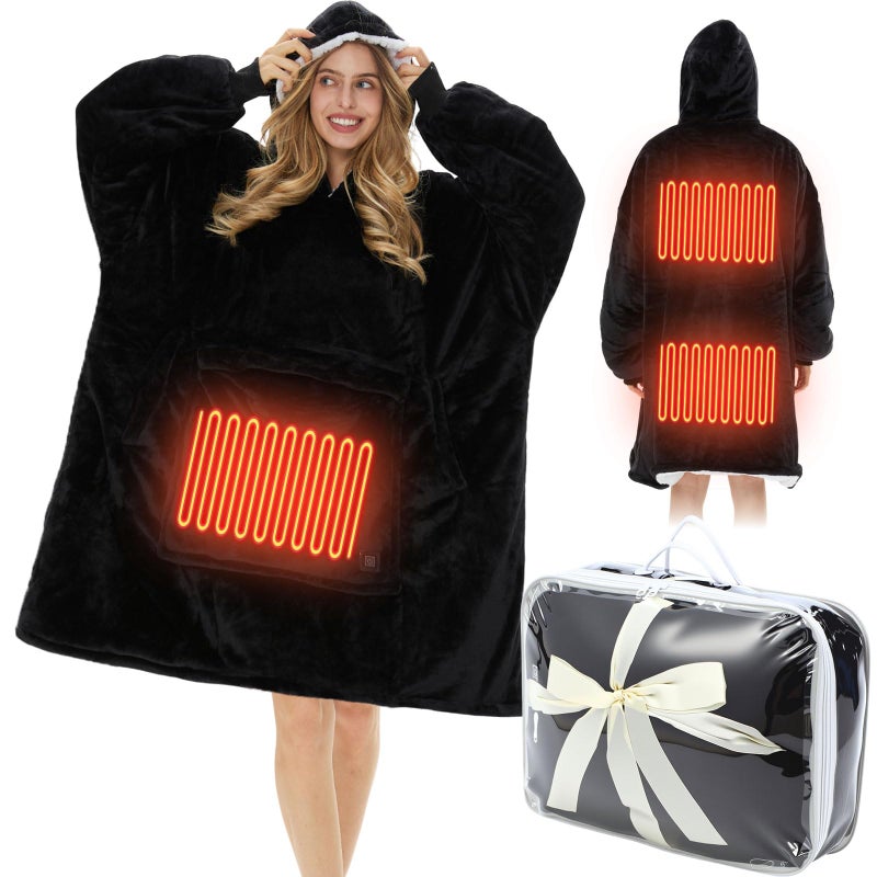 Glooglitter Heated Blanket Wearable Hoodie USB Oversized Heated Sweatshirt for Women with Giant Pocket 3 Heating Levels(Black,No Pattern) - Image 1