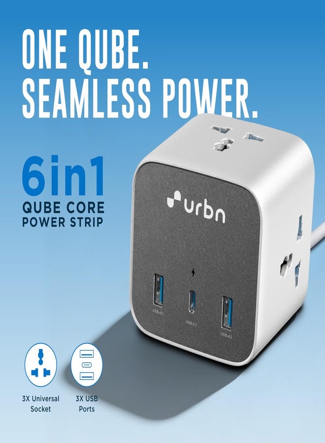 URBN 6-in-1 Qube Core Power Strip | 3 Universal Sockets (2500W) + 3 USB Ports (20W PD) | Fast Charging | Heavy Duty 2m Power Cord | Surge Protection | 1 Year Warranty (White) - Image 2