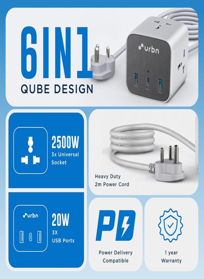 URBN 6-in-1 Qube Core Power Strip | 3 Universal Sockets (2500W) + 3 USB Ports (20W PD) | Fast Charging | Heavy Duty 2m Power Cord | Surge Protection | 1 Year Warranty (White) - Image 3