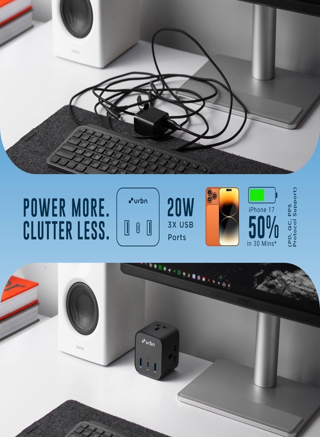 URBN 6-in-1 Qube Core Power Strip | 3 Universal Sockets (2500W) + 3 USB Ports (20W PD) | Fast Charging | Heavy Duty 2m Power Cord | Surge Protection | 1 Year Warranty (White) - Image 5