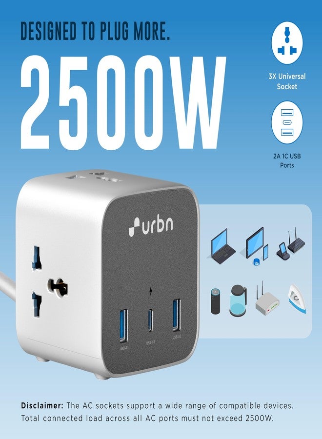 URBN 6-in-1 Qube Core Power Strip | 3 Universal Sockets (2500W) + 3 USB Ports (20W PD) | Fast Charging | Heavy Duty 2m Power Cord | Surge Protection | 1 Year Warranty (White) - Image 4