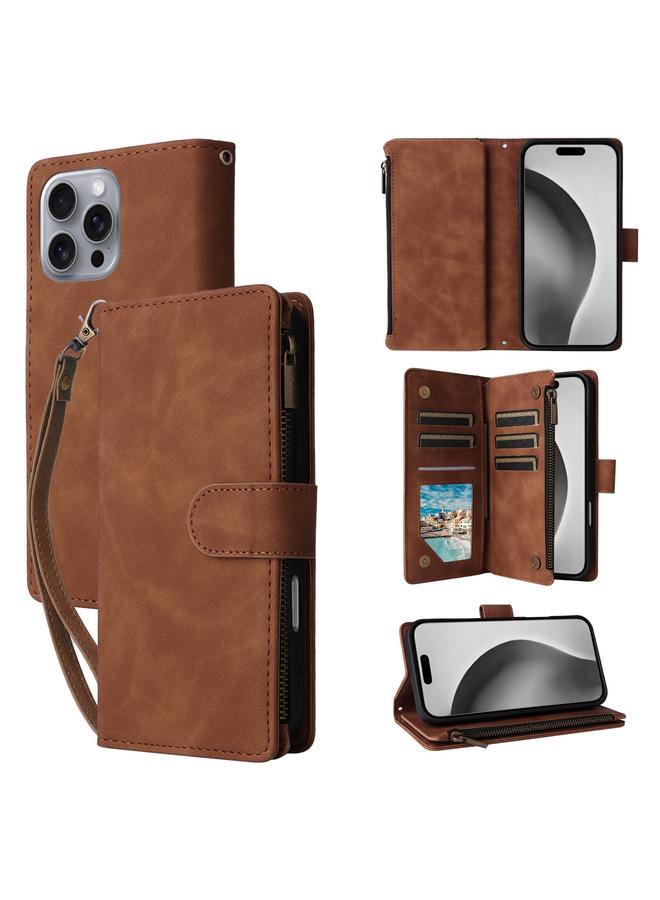 اس-توب جراب هاتف iPhone 16 Pro Max Crossbody مع محفظة متعددة الفتحات للبطاقات وسحاب من الجلد - Image 1