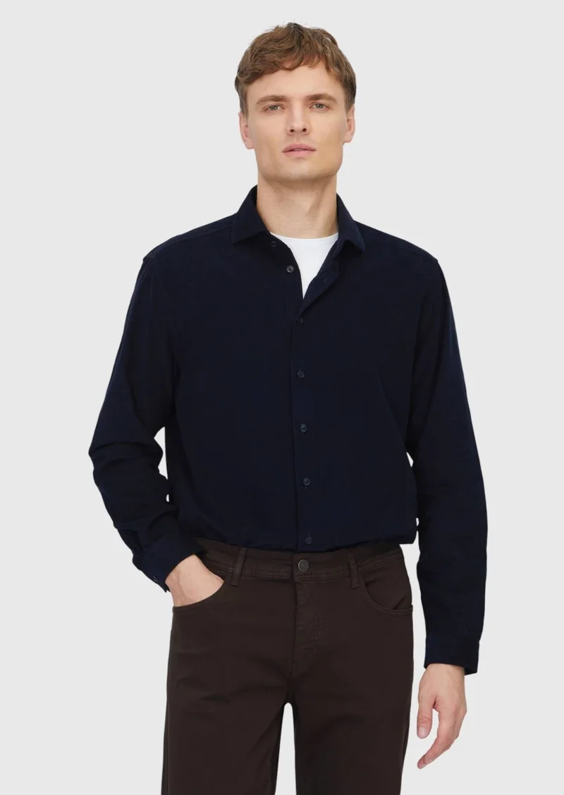 RAMSEY Navy Blue Plain Long Weaving Casual 100% Cotton Shirt