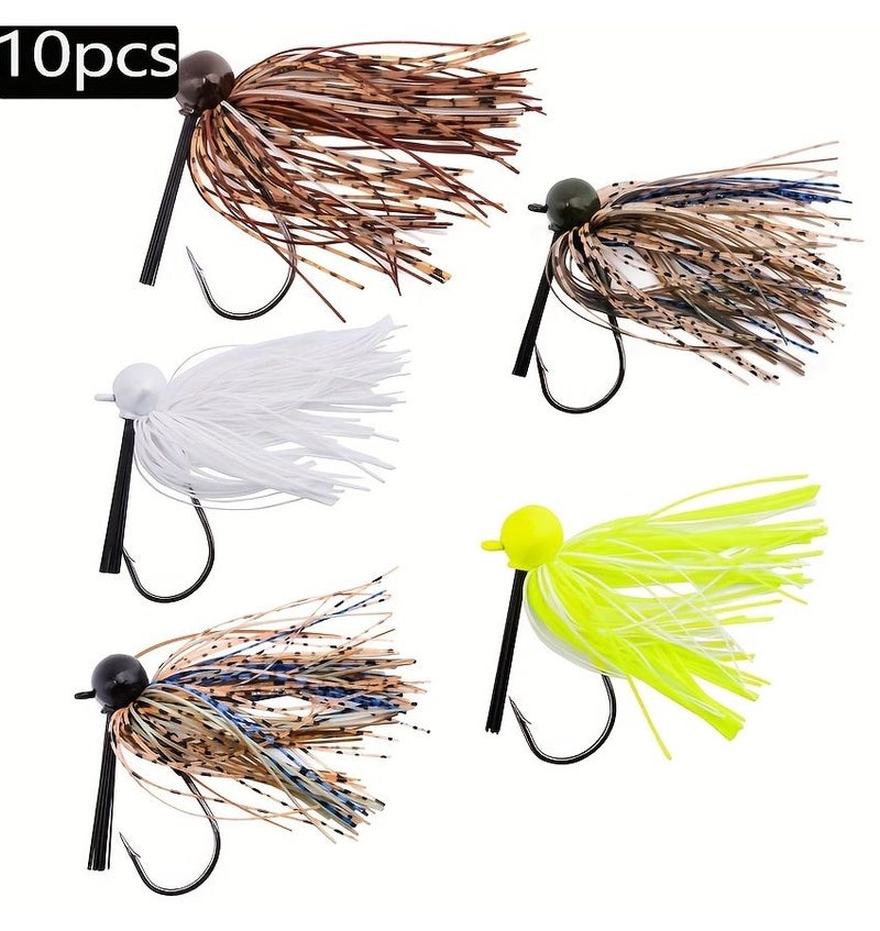 10pcs Weedless Chatterbait Football Jig Spinner Fishing Lures 21g Lead Head Jig with Multi Color Trailing Strainers for Bass Saltwater Freshwater Fishing Tackle Attractive Tail Design Quality Spinner Baits - Image 1