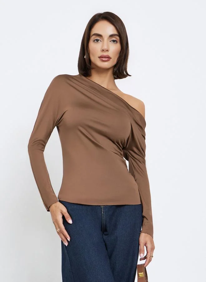 Styli Brown One-Shoulder Blouse