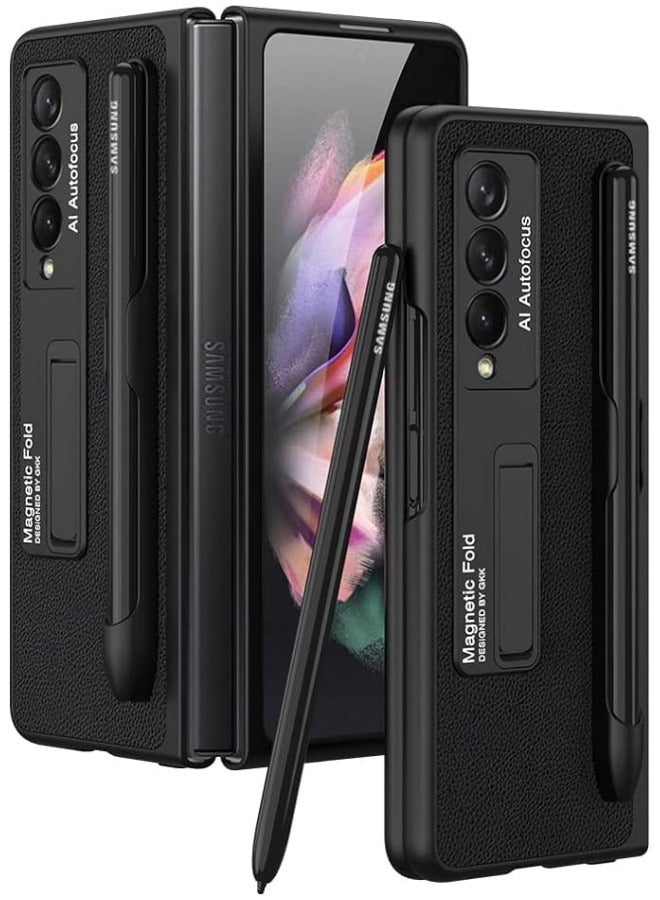 Case Compatible with Samsung Galaxy Z Fold 3, Z Fold 3 Case Leather with Kickstand Folio Flip Phone Case with S Pen Holder, Cover Designed for Galaxy Z Fold 3 5G (Black) - Image 1