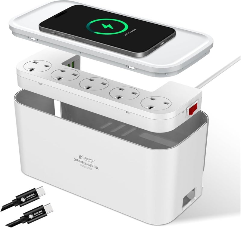CAROSKI Cable Management Box with Power Extension Strip 5 Outlets Fast Wireless Charger USB-C Cable & 2M Long Cord – Safe & Neat Home Office Setup - Image 1