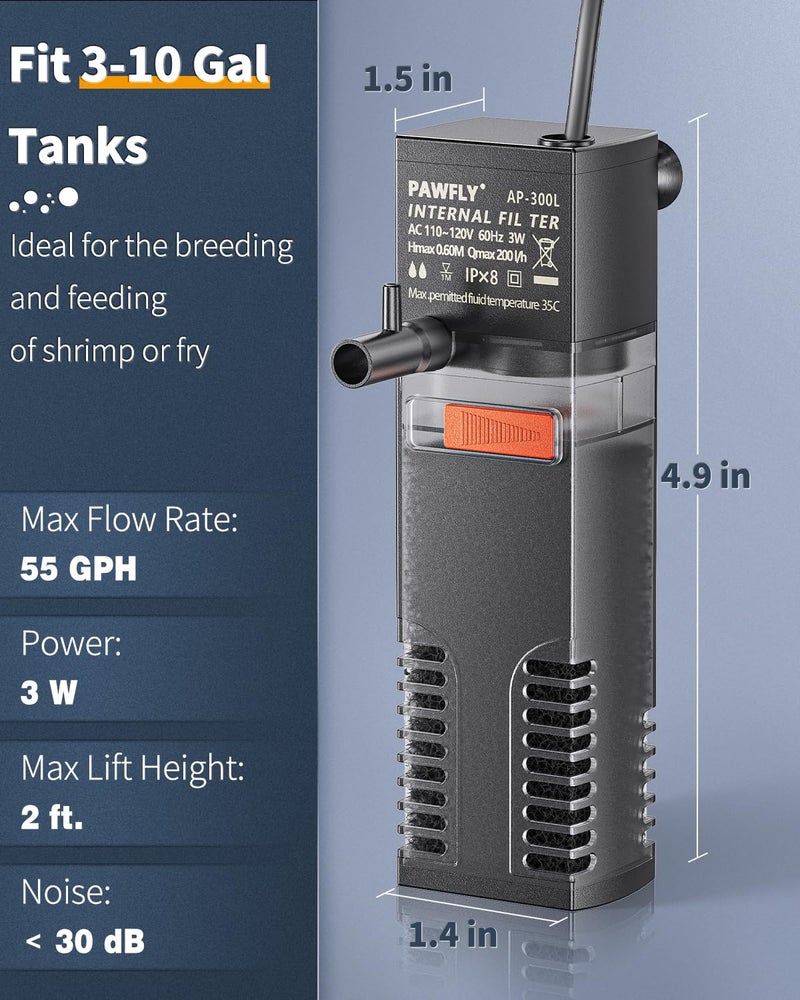 Pawfly Internal Aquarium Filter, Submersible Power Filter with 55 GPH Water Pump for 3 to 10 Gallon Fish Tanks Filtration Circulation and Oxygenation - Image 2