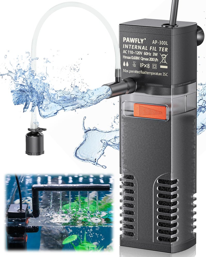 Pawfly Internal Aquarium Filter, Submersible Power Filter with 55 GPH Water Pump for 3 to 10 Gallon Fish Tanks Filtration Circulation and Oxygenation - Image 1