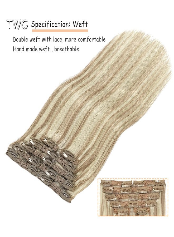 Caliee Clip in Hair Extensions Human Hair for Women Double Weft Lace Golden Brown Mixed Bleach Blonde Color Real Hair Clip in Hair Extensions 7 Pieces 14Inch 120G - Image 4