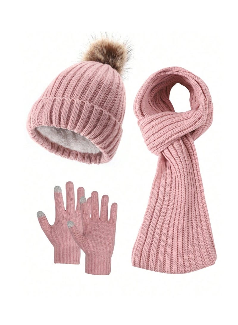 A luxurious women's winter set, a 3-piece collection consisting of a winter hat, winter shawl, and winter gloves in pink. This set, made of soft wool, adds a touch of luxury and elegance to your winter look. - Image 2