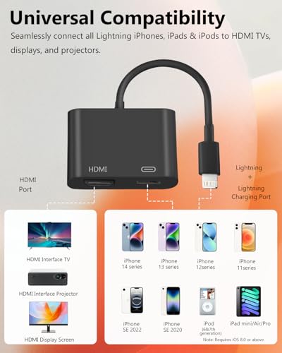Microwoo Lightning to HDMI Adapter for iPhone Apple MFi Certified Digital AV Dongle1080P Sync Screen Cable with Lightning Charging Port for iPhone iPad to TVProjectorMonitor No Need Power Supply - Image 3