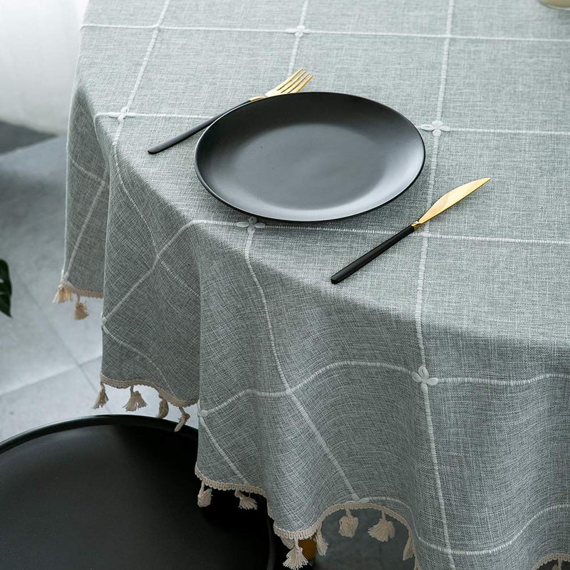 ColorBird ColorBird Solid Embroidery Lattice Tablecloth Cotton Linen DustProof Gray Table Cover for Kitchen Dinning 70 Inch Round Tablecloth 