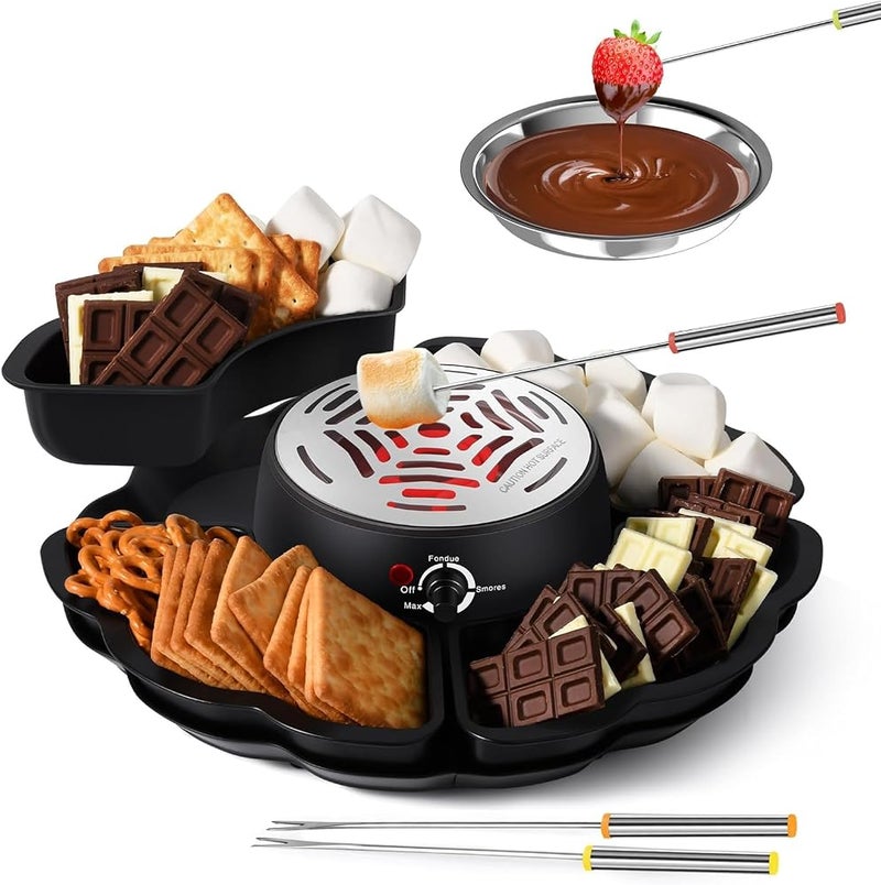 YelaJoy 2 In 1 Smores Maker & Fondue Set, Tabletop Indoor Smores Kit with Temperature Control, 4 Detachable Trays, 4 Roasting Forks, 340ml Heated Fondue Bowl & Flame-Free Heater (280W) - Movie Night E - Image 1