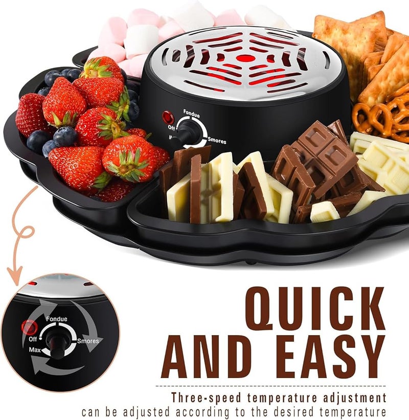 YelaJoy 2 In 1 Smores Maker & Fondue Set, Tabletop Indoor Smores Kit with Temperature Control, 4 Detachable Trays, 4 Roasting Forks, 340ml Heated Fondue Bowl & Flame-Free Heater (280W) - Movie Night E - Image 3
