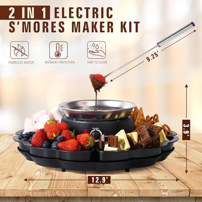 YelaJoy 2 In 1 Smores Maker & Fondue Set, Tabletop Indoor Smores Kit with Temperature Control, 4 Detachable Trays, 4 Roasting Forks, 340ml Heated Fondue Bowl & Flame-Free Heater (280W) - Movie Night E - Image 5